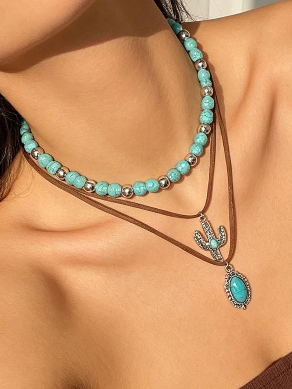 Anthropologie Turquoise & Silver Layered Bead and Pendant Necklace Set